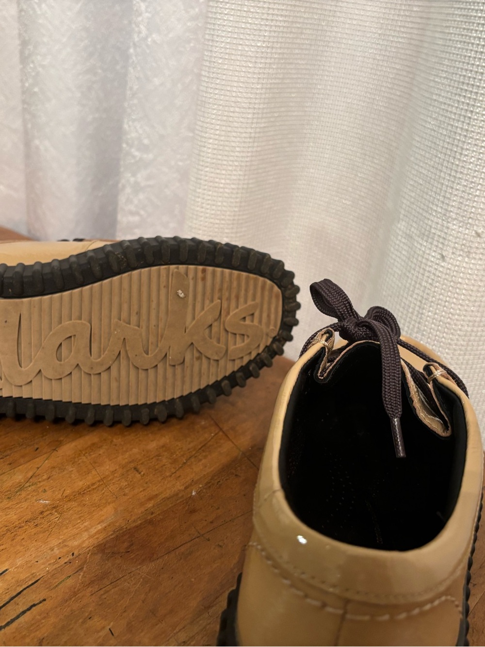 Clarks Beige Patent Platform Oxfords with Black Lug Sole - Picture 5 of 5